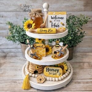 Mini Wooden Honey Dipper set | Honey Bee Decor, Tiered Tray Bee,Mini Rolling pin